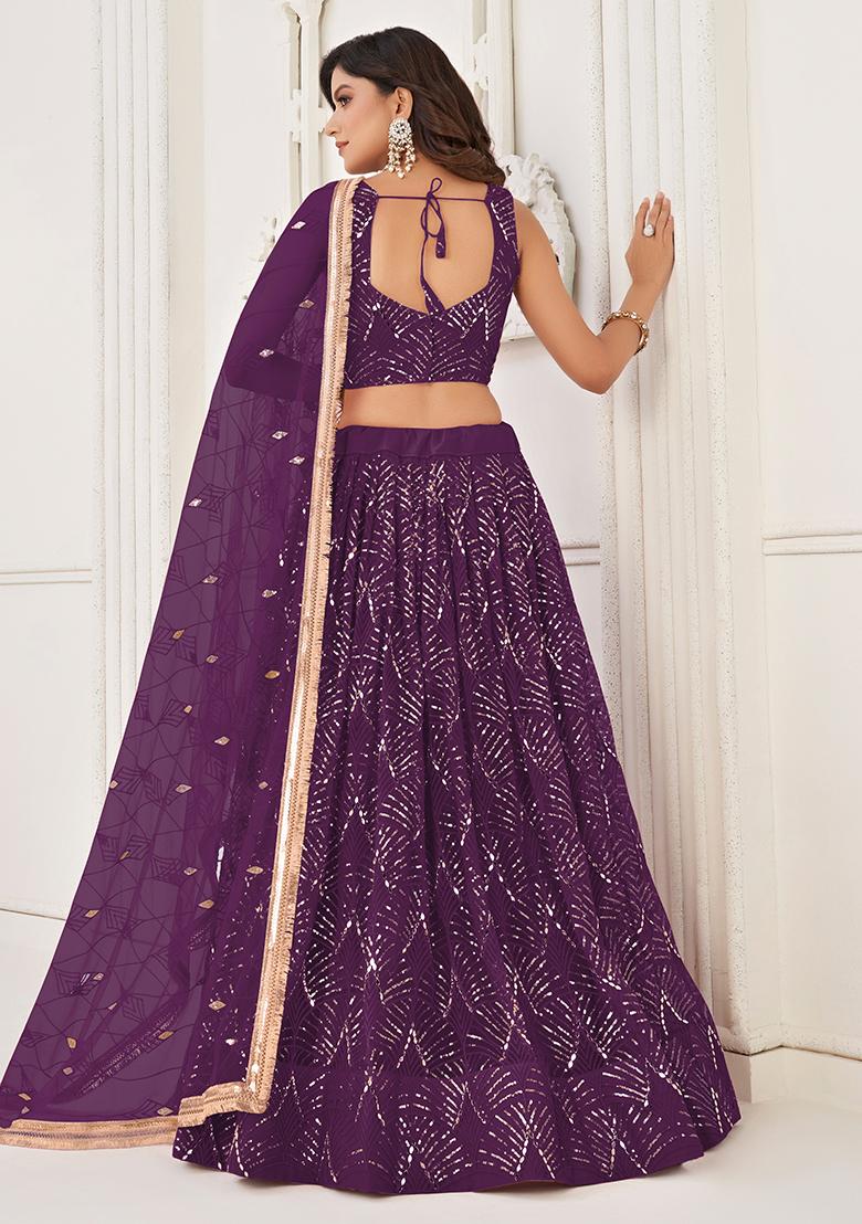 Wine Embroidered Net Lehenga Set With Dupatta