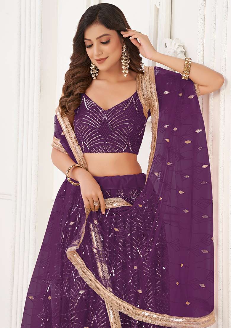 Wine Embroidered Net Lehenga Set With Dupatta for Diwali and Festive Wear - Indya