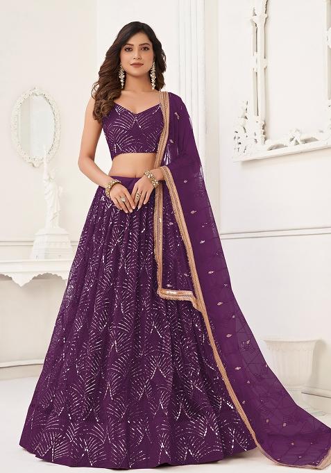 Wine Embroidered Net Lehenga Set With Dupatta