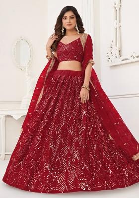 Maroon Embroidered Net Lehenga Set With Dupatta