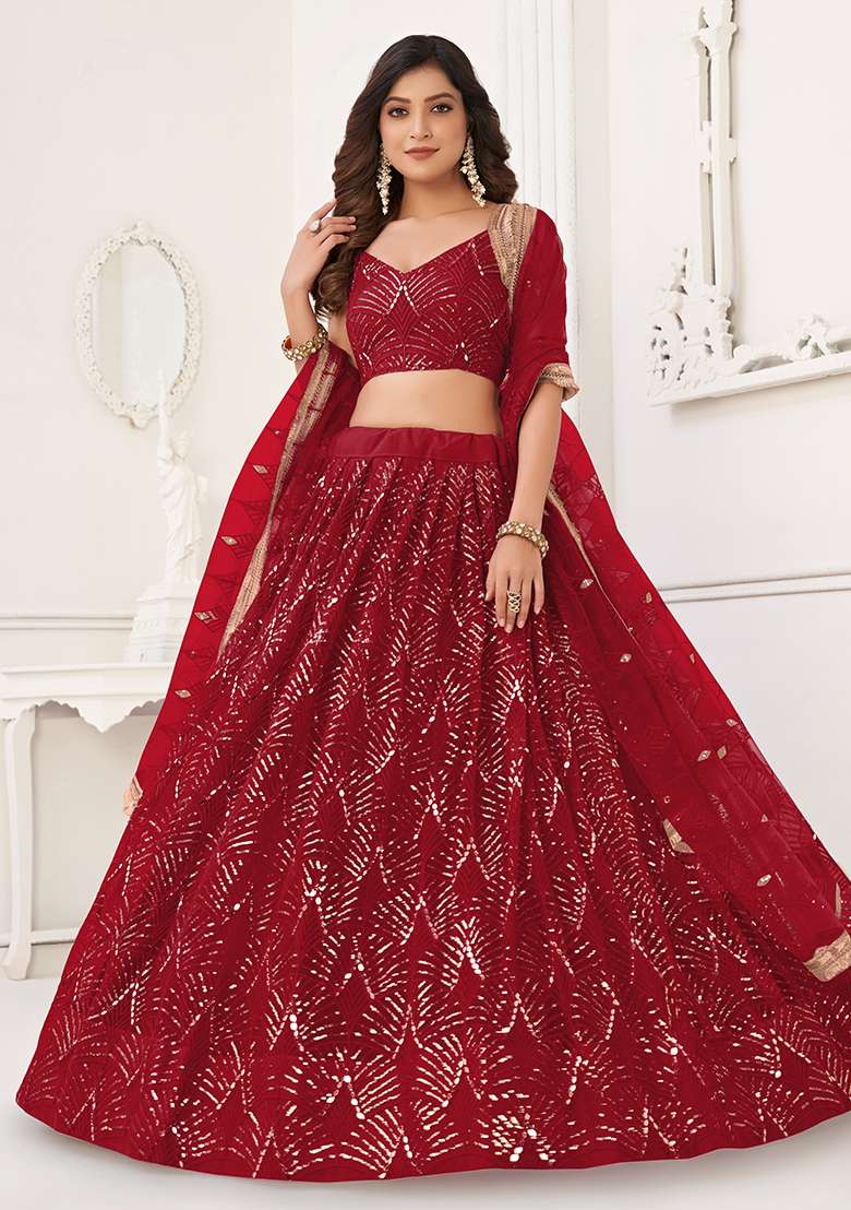 Maroon Embroidered Net Lehenga Set With Dupatta for Diwali and Festive Wear - Indya