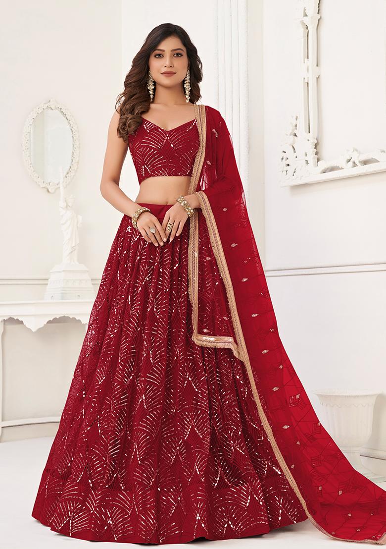 Maroon Embroidered Net Lehenga Set With Dupatta