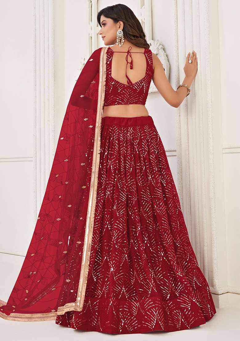 Maroon Embroidered Net Lehenga Set With Dupatta for Diwali and Festive Wear - Indya