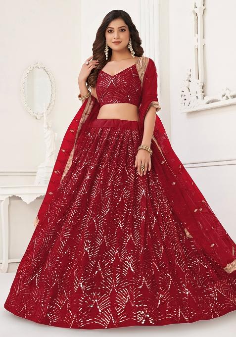 Maroon Embroidered Net Lehenga Set With Dupatta