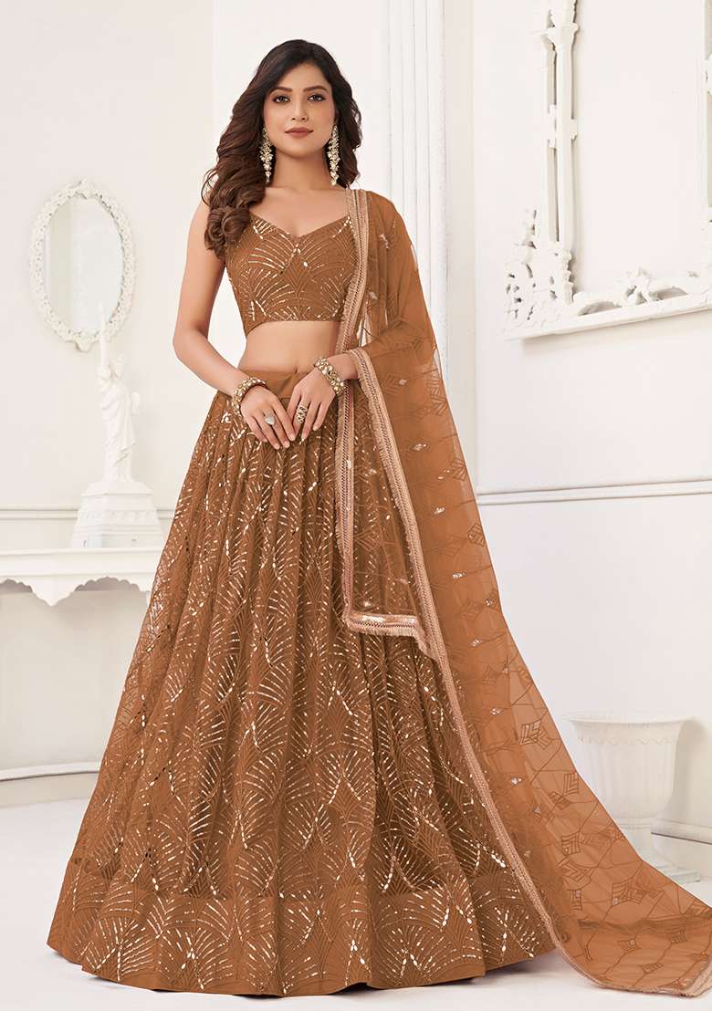 Brown Embroidered Net Lehenga Set With Dupatta for Diwali and Festive Wear - Indya