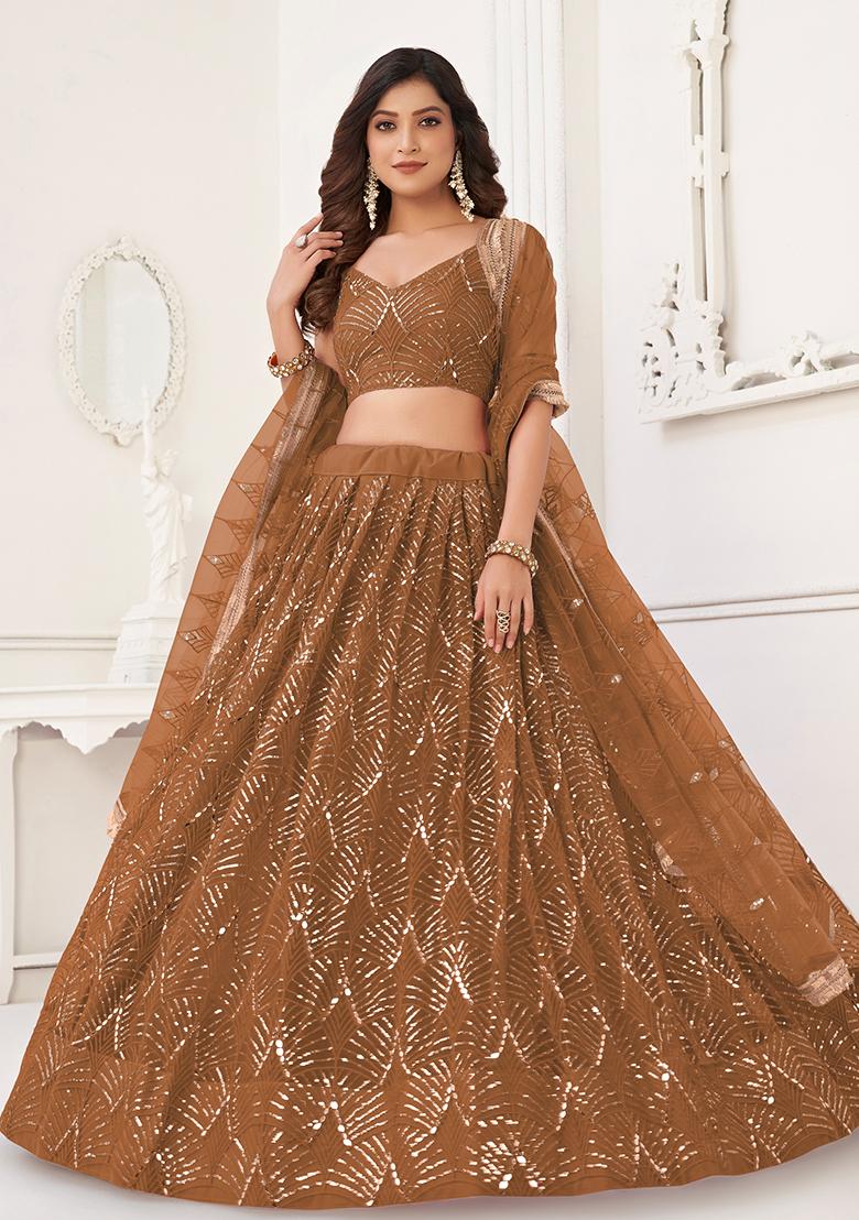 Brown Embroidered Net Lehenga Set With Dupatta