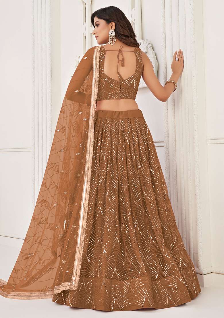 Brown Embroidered Net Lehenga Set With Dupatta for Diwali and Festive Wear - Indya