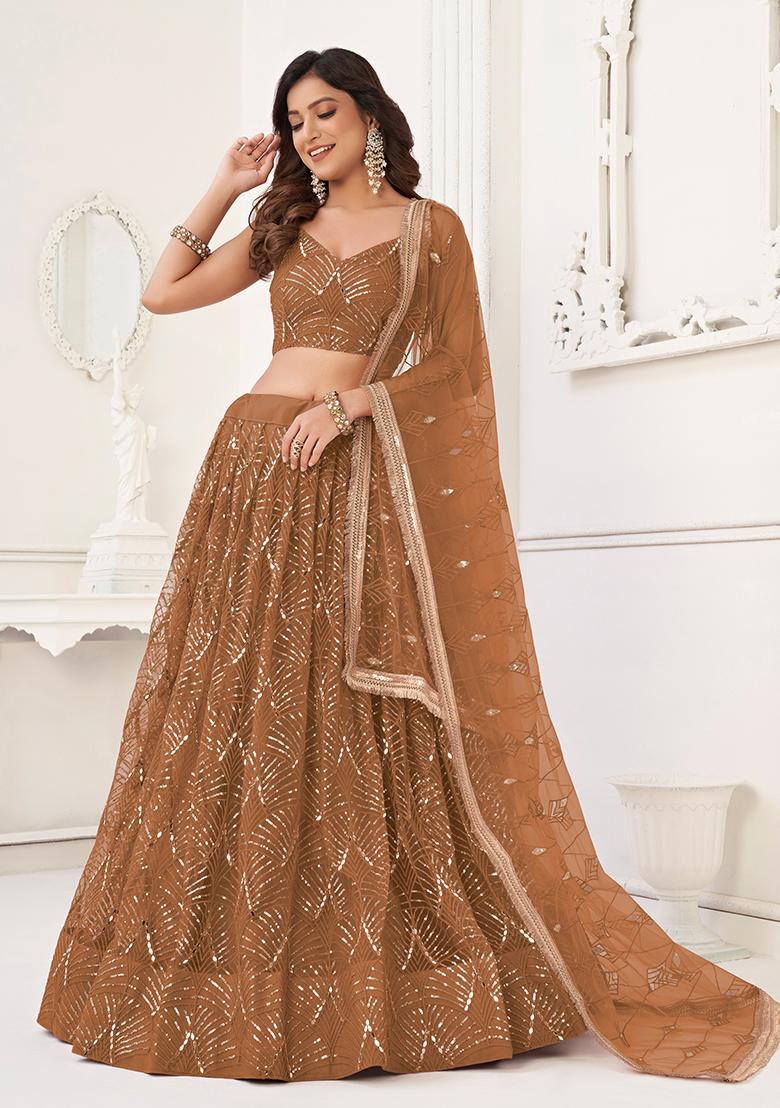 Brown Embroidered Net Lehenga Set With Dupatta