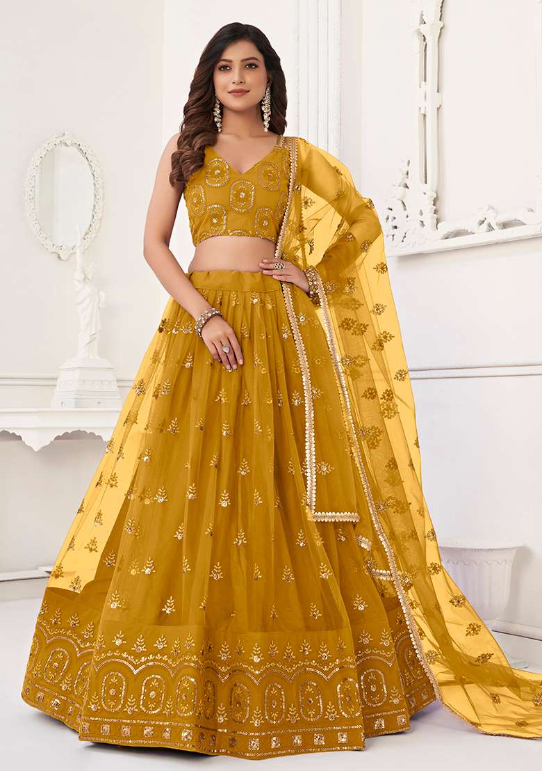 Mustard With Dupatta Net Lehenga Set with Embroidered for Diwali | Wedding & Festive Wear - Indya