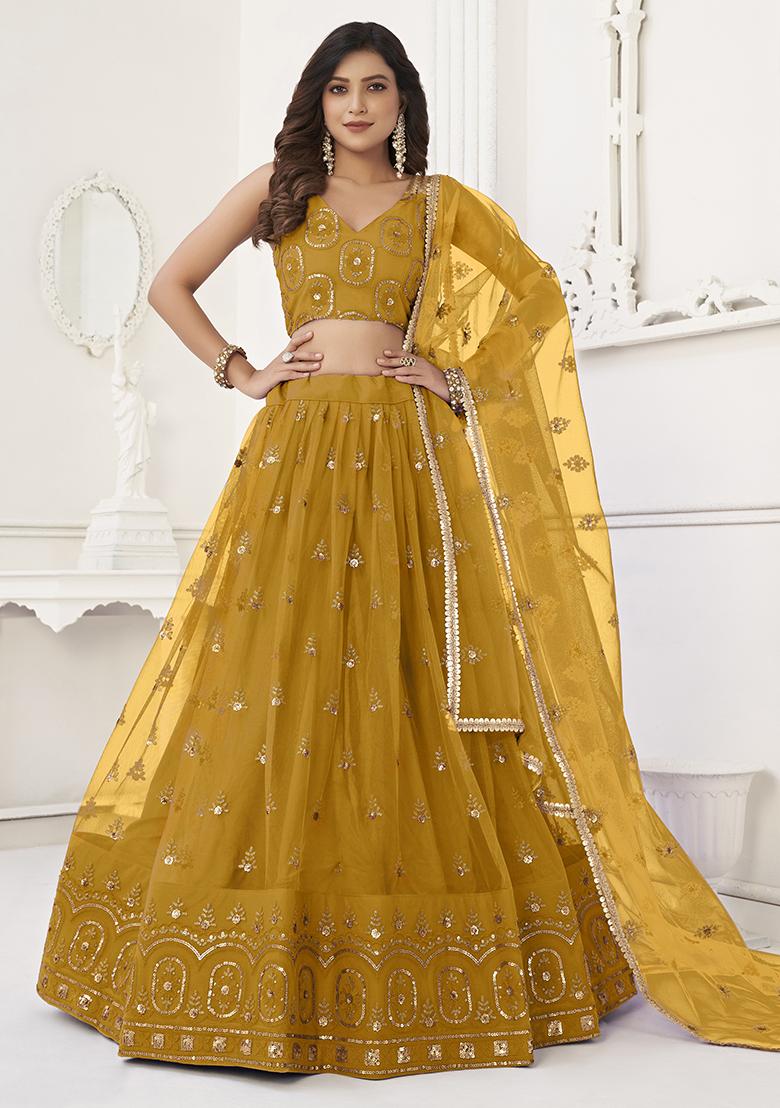Mustard Embroidered Net Lehenga Set With Dupatta