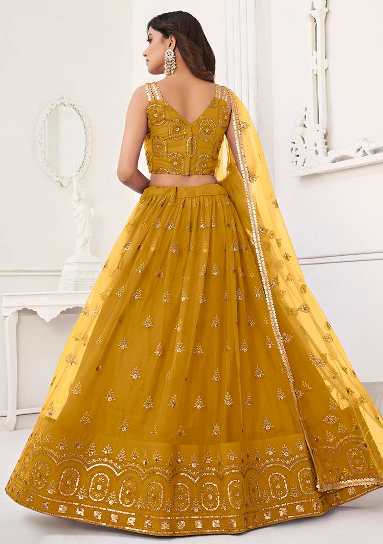 Mustard With Dupatta Net Lehenga Set with Embroidered for Diwali | Wedding & Festive Wear - Indya