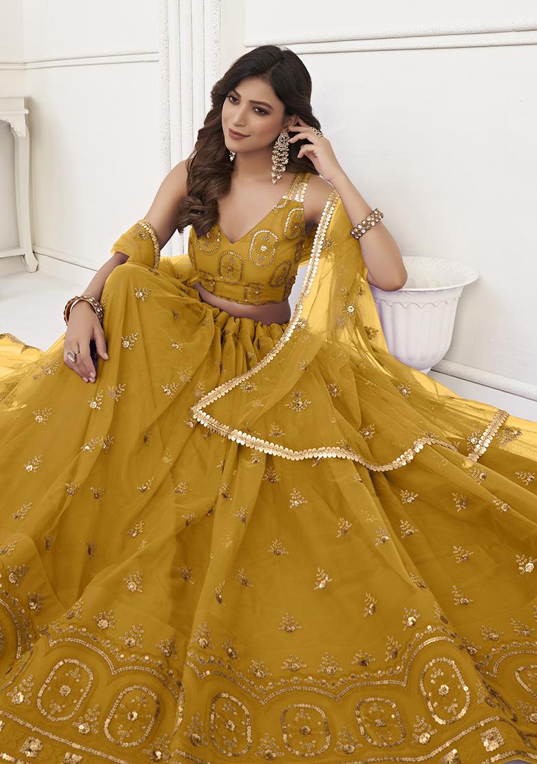 Mustard Embroidered Net Lehenga Set With Dupatta