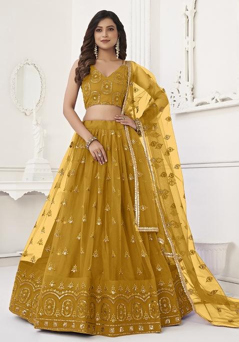 Mustard Embroidered Net Lehenga Set With Dupatta