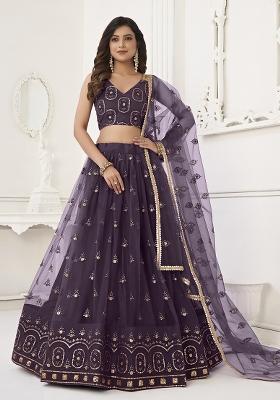Wine Embroidered Net Lehenga Set With Dupatta