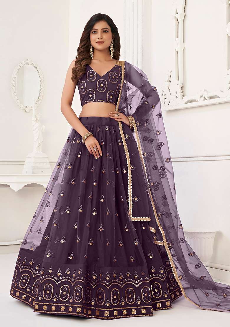 Wine Embroidered Net Lehenga Set With Dupatta for Diwali and Festive Wear - Indya
