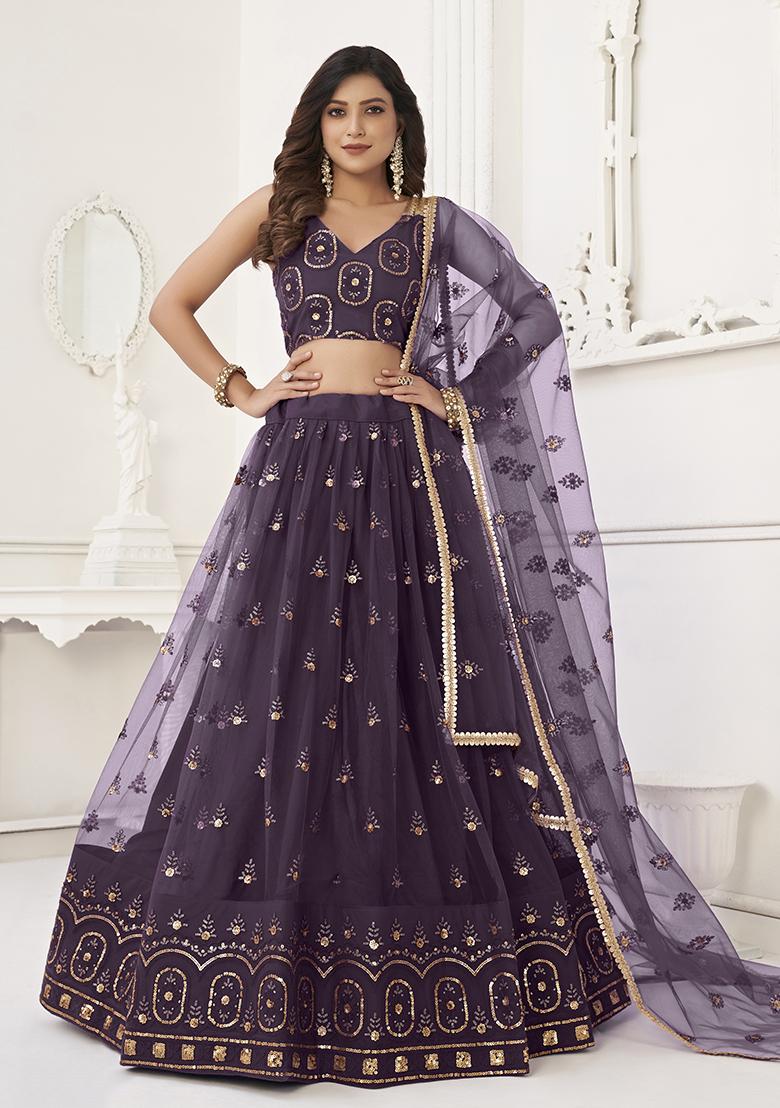 Wine Embroidered Net Lehenga Set With Dupatta