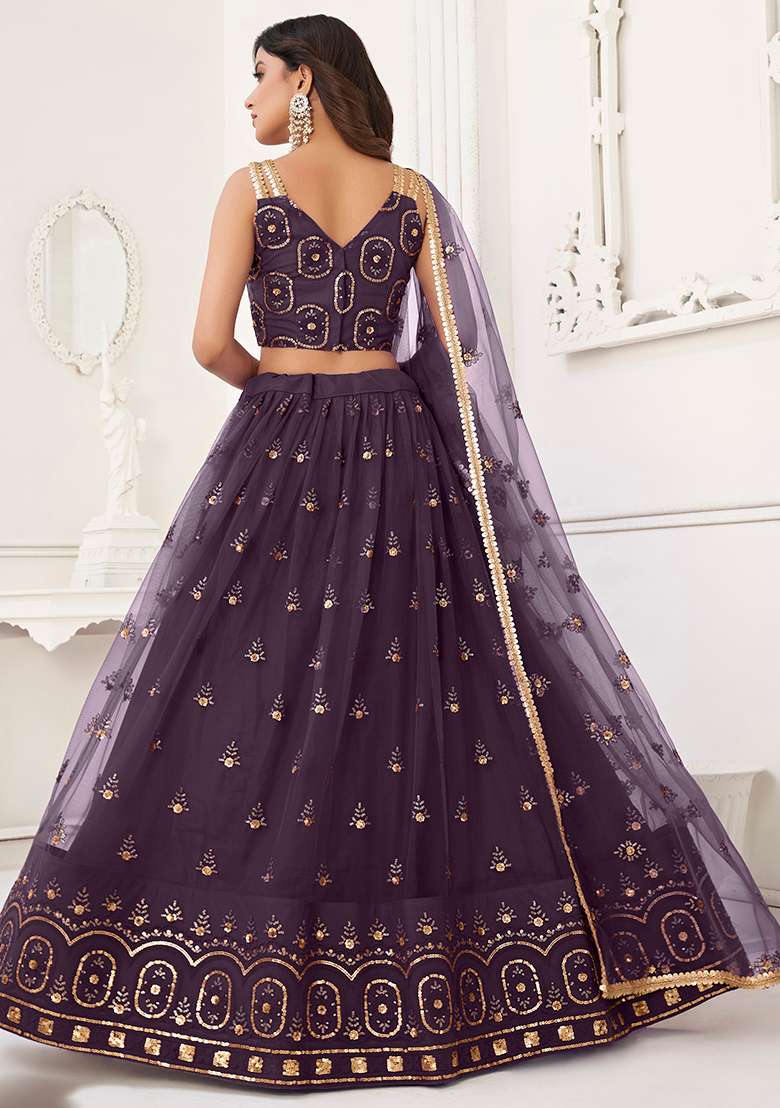 Wine Embroidered Net Lehenga Set With Dupatta for Diwali and Festive Wear - Indya