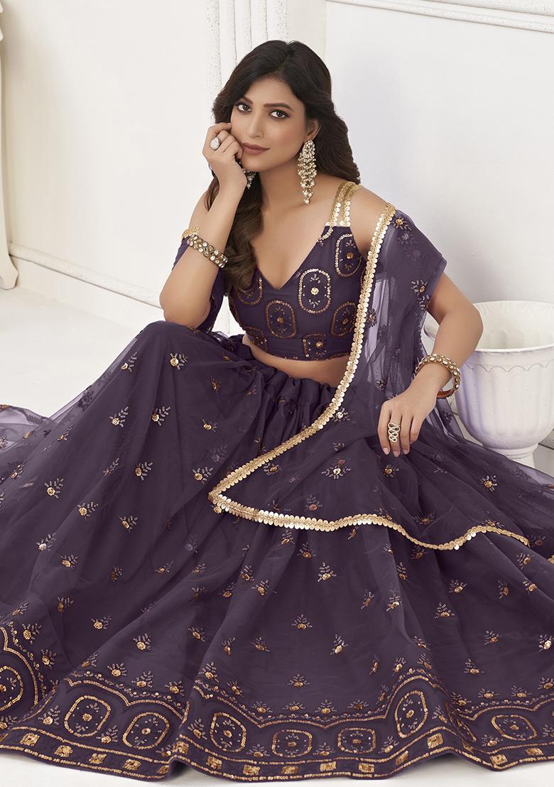 Wine Embroidered Net Lehenga Set With Dupatta