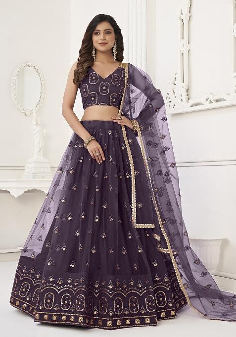 Wine Embroidered Net Lehenga Set With Dupatta
