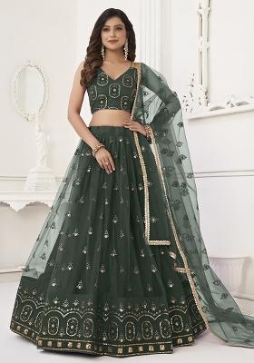Green Embroidered Net Lehenga Set With Dupatta