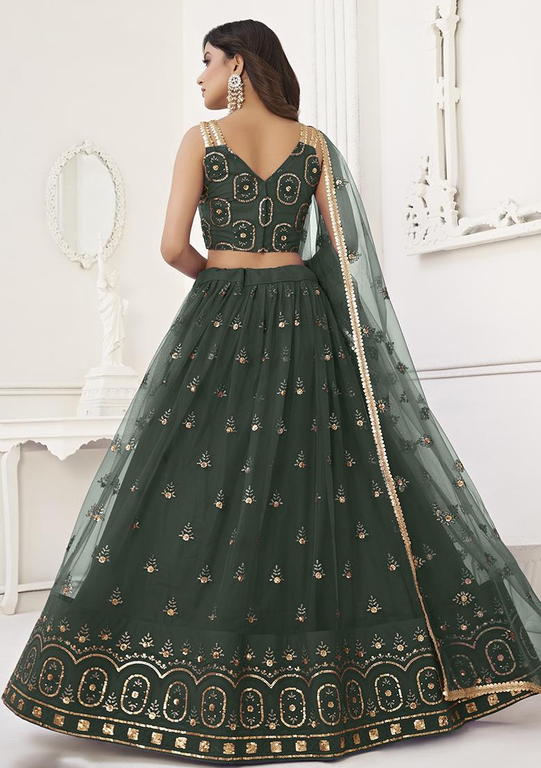 Green Embroidered Net Lehenga Set With Dupatta