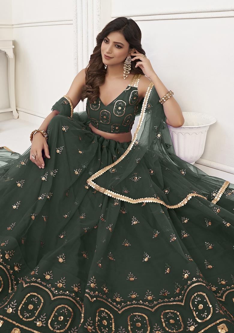 Green Embroidered Net Lehenga Set With Dupatta