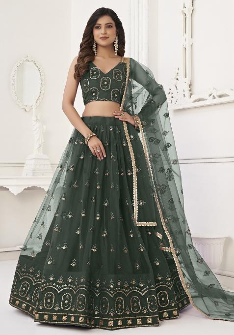 Green Embroidered Net Lehenga Set With Dupatta