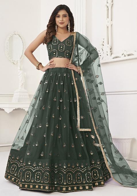 Green Embroidered Net Lehenga Set With Dupatta