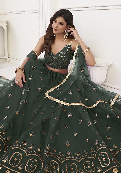 Green Embroidered Net Lehenga Set With Dupatta