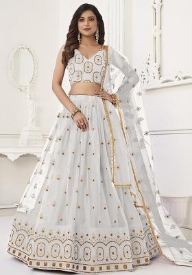 White Embroidered Net Lehenga Set With Dupatta
