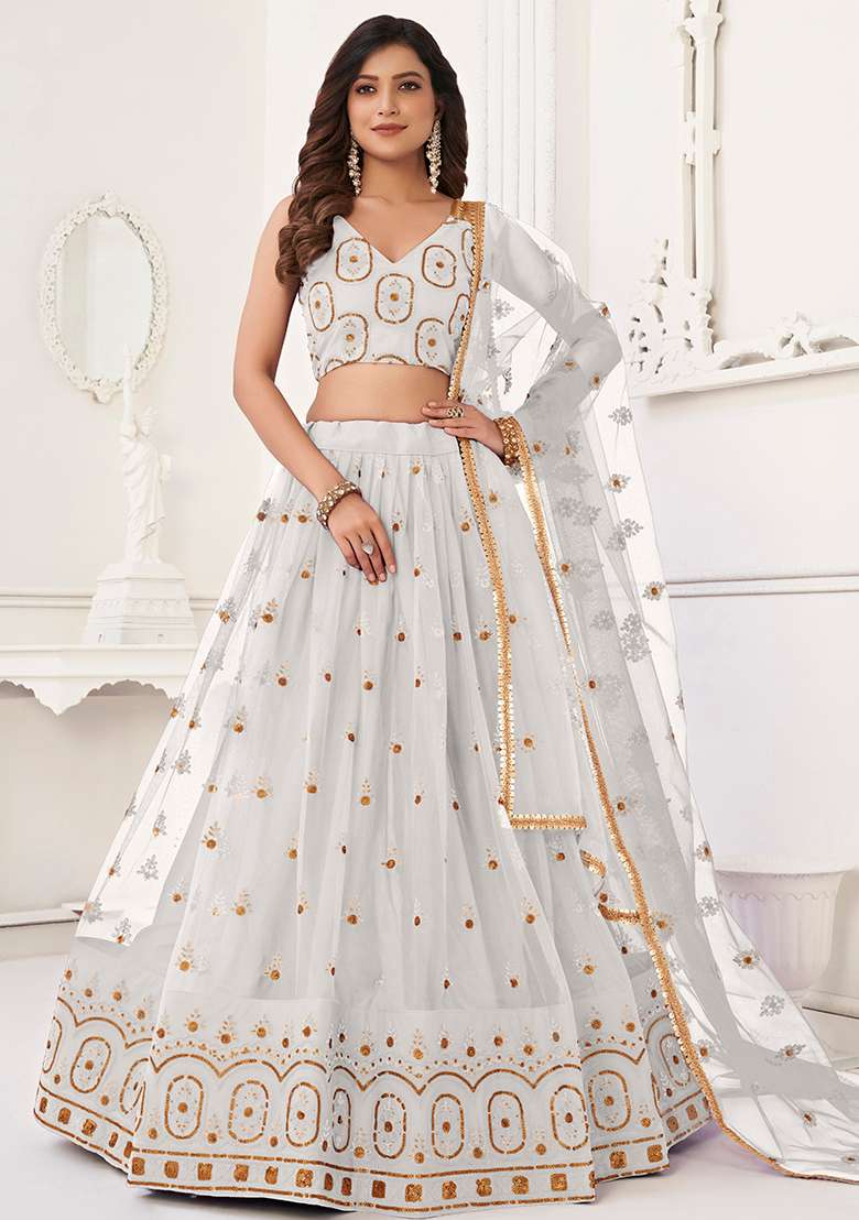 White Embroidered Net Lehenga Set With Dupatta for Diwali and Festive Wear - Indya