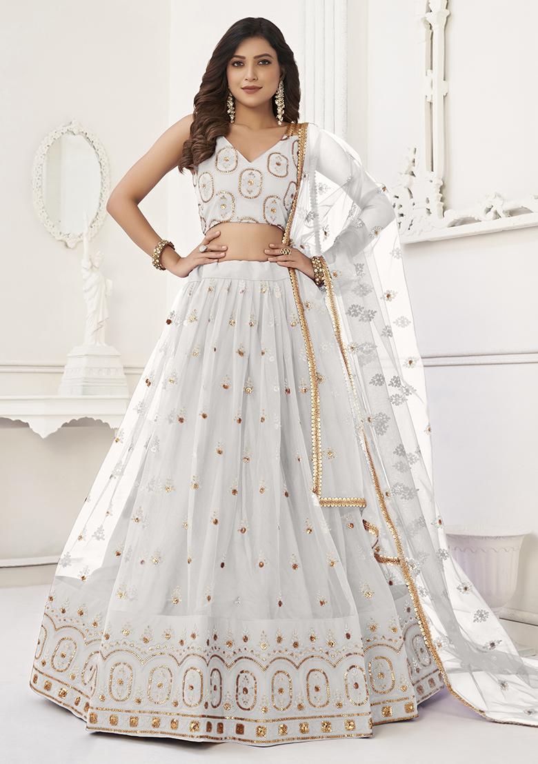 White Embroidered Net Lehenga Set With Dupatta