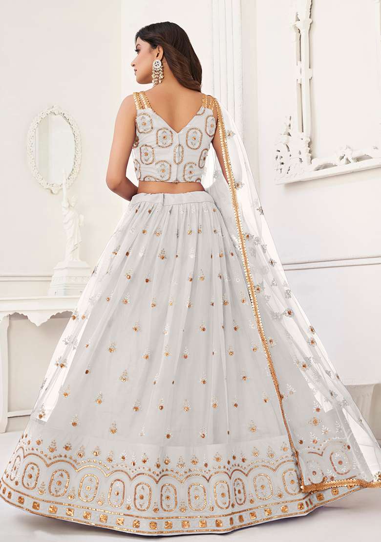 White Embroidered Net Lehenga Set With Dupatta for Diwali and Festive Wear - Indya
