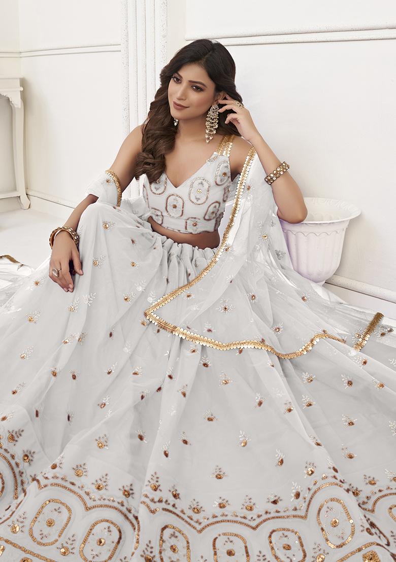 White Embroidered Net Lehenga Set With Dupatta