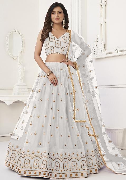 White Embroidered Net Lehenga Set With Dupatta
