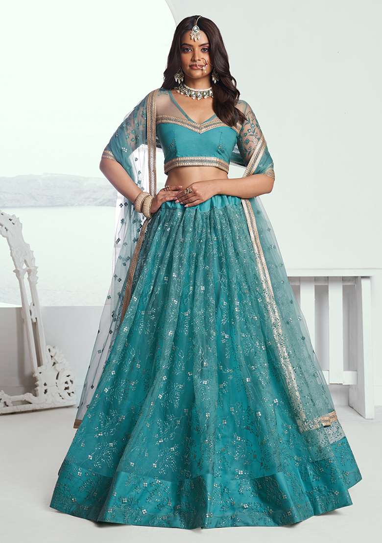 Rama Green Embroidered Net Lehenga Set With Dupatta for Diwali and Festive Wear - Indya
