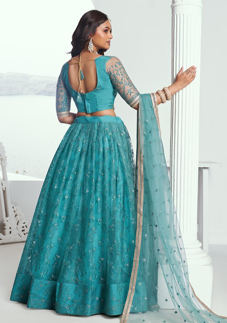 Rama Green Embroidered Net Lehenga Set With Dupatta