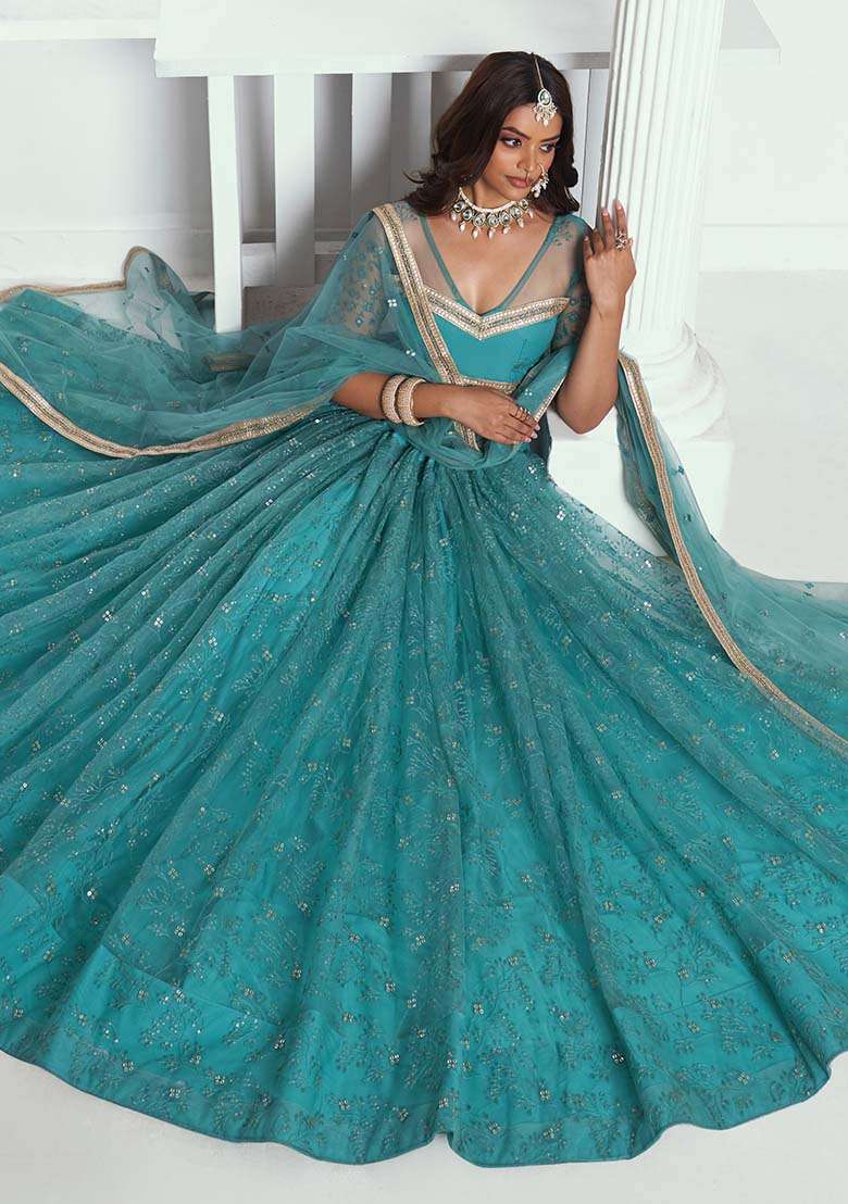 Rama Green Embroidered Net Lehenga Set With Dupatta for Diwali and Festive Wear - Indya