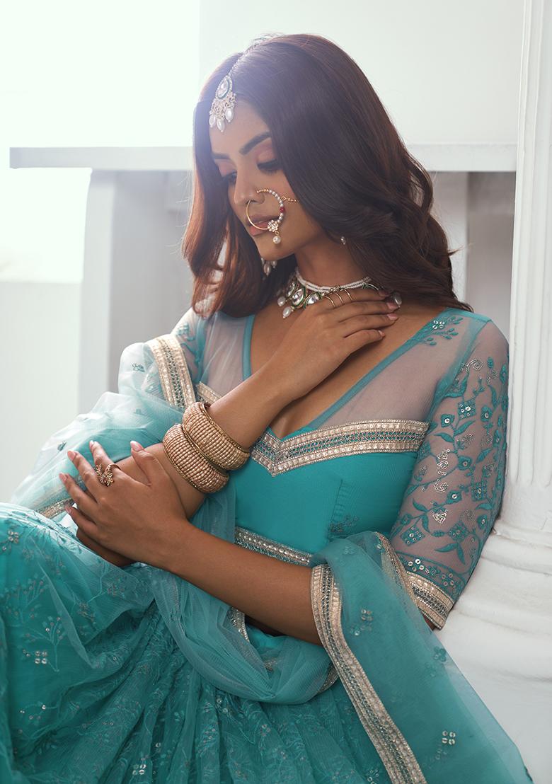 Rama Green Embroidered Net Lehenga Set With Dupatta