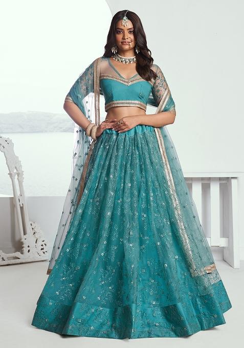 Rama Green Embroidered Net Lehenga Set With Dupatta