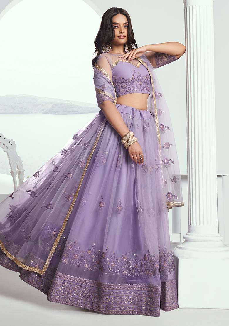 Lavender Embroidered Net Lehenga Set With Dupatta for Diwali and Festive Wear - Indya