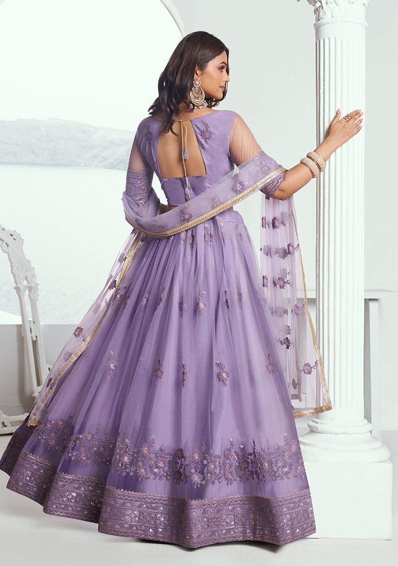 Lavender Embroidered Net Lehenga Set With Dupatta