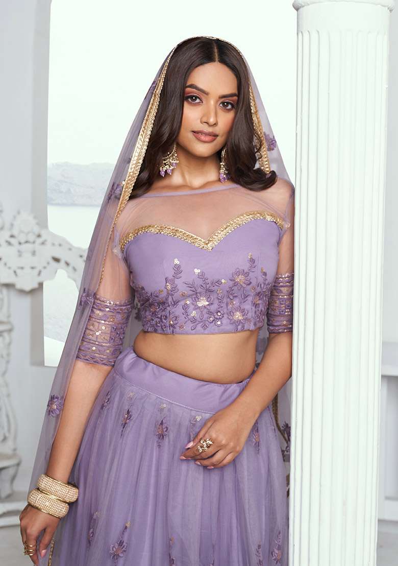 Lavender Embroidered Net Lehenga Set With Dupatta for Diwali and Festive Wear - Indya