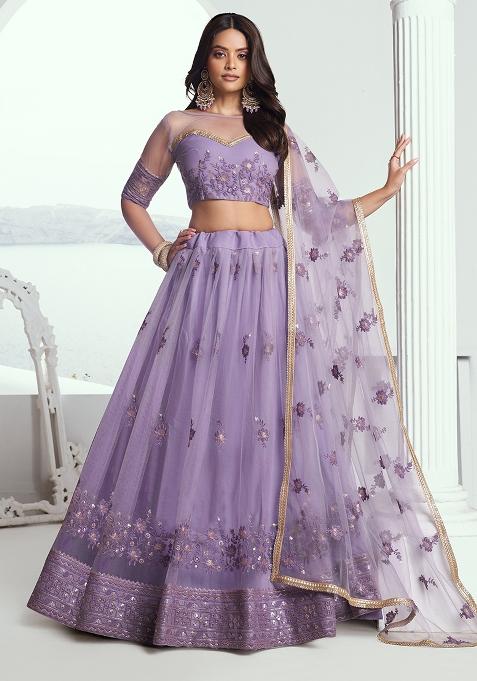 Lavender Embroidered Net Lehenga Set With Dupatta