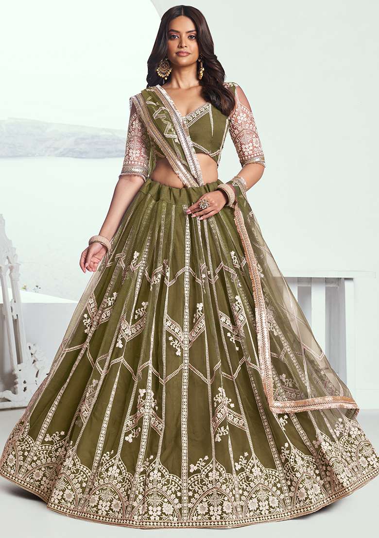 Dark Green Embroidered Net Lehenga Set With Dupatta for Diwali and Festive Wear - Indya