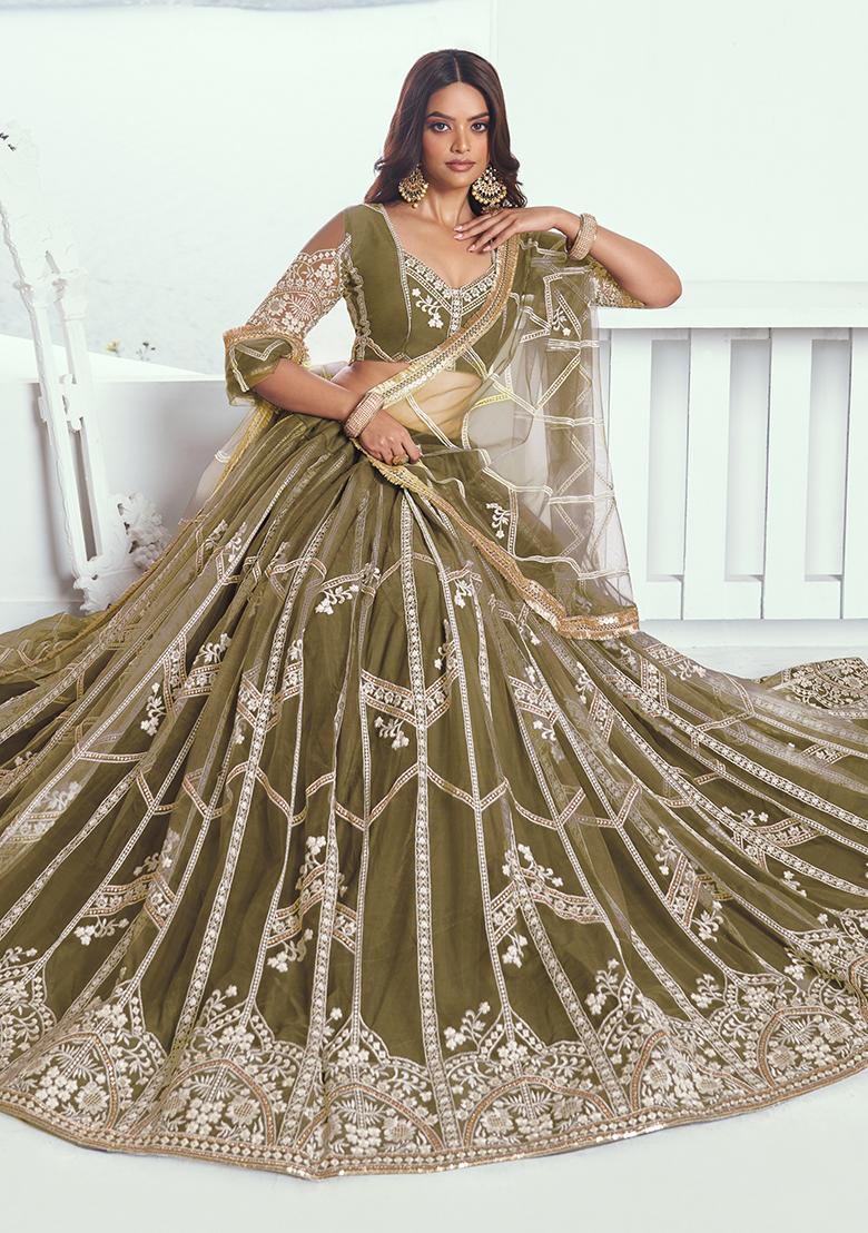 Dark Green Embroidered Net Lehenga Set With Dupatta