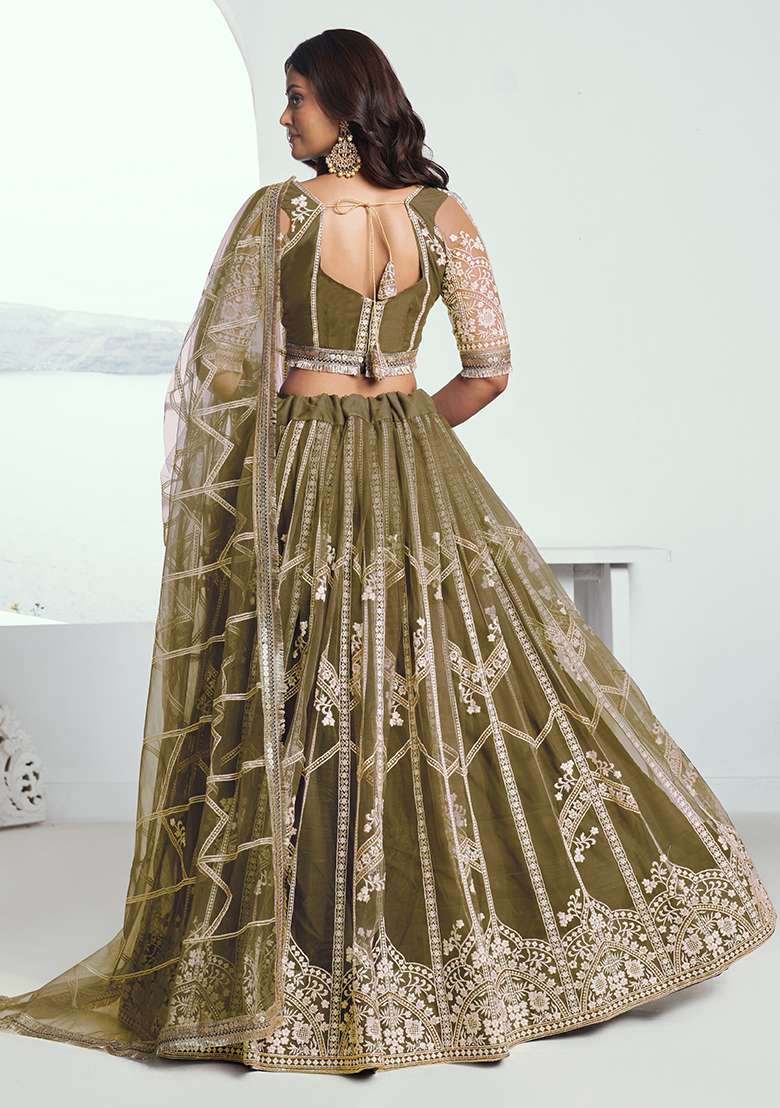 Dark Green Embroidered Net Lehenga Set With Dupatta for Diwali and Festive Wear - Indya