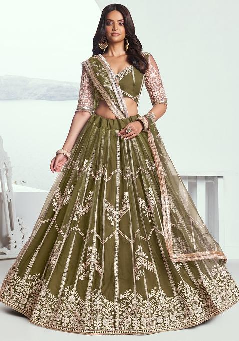 Dark Green Embroidered Net Lehenga Set With Dupatta