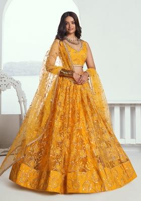 Yellow Embroidered Net Lehenga Set With Dupatta