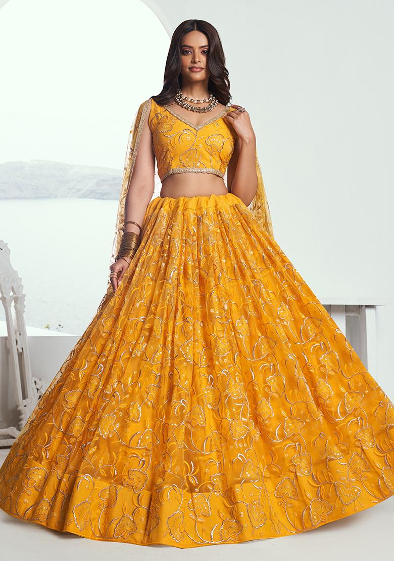 Yellow Embroidered Net Lehenga Set With Dupatta